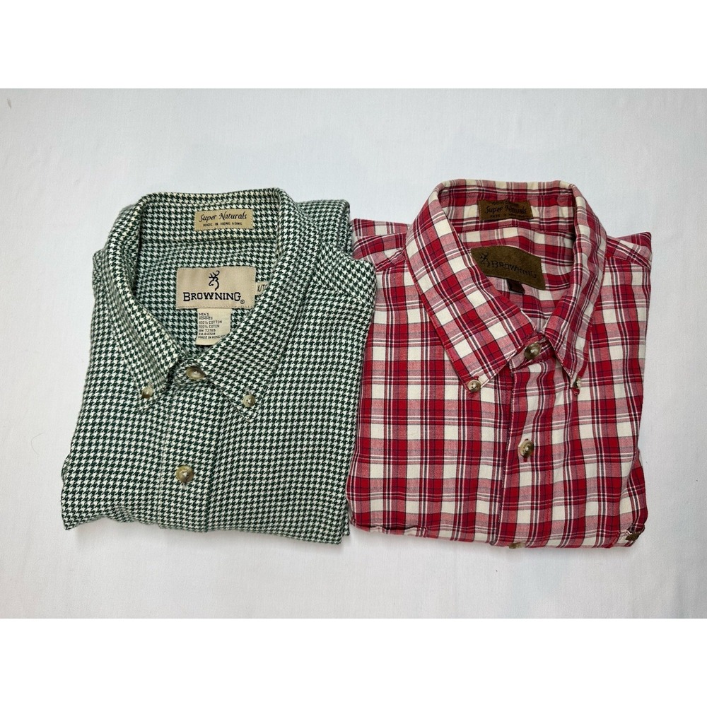 Vtg Lot of 2 Browning Mens XL LS Button Down Shirts Red Plaid Green Houndstooth